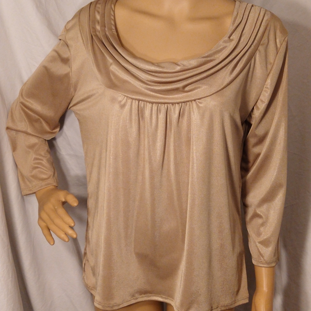 Bleeker & McDougal Gold Pullover Silky Blouse Drape Neckline